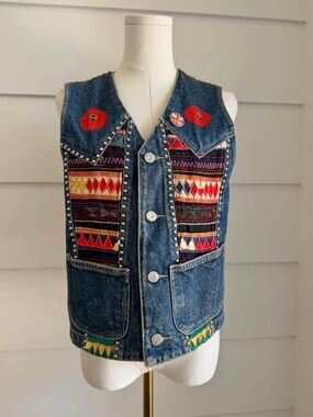 Vintage Studded Patchwork Painted Denim Vest Bohemian Hippie Waistcoat